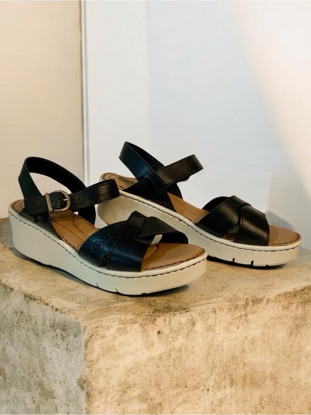 Born Black Leather Wedge Sandals with Cream Platform